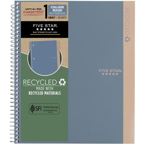 Five Star Notebook Recycled 81/2" W X 11" L College Ruled Spiral Blue
