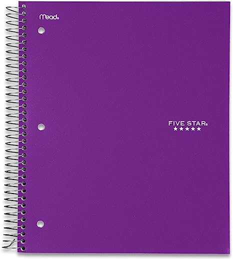 Five Star Spiral Notebook, 3 Subject, College Ruled Paper, 150 Sheets, 11" x 8-1/2" Sheet Size, Purple